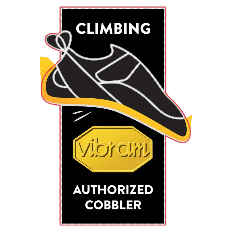 Black-and-yellow climbing-shoe logo with the text Authorized Climbing Cobbler.